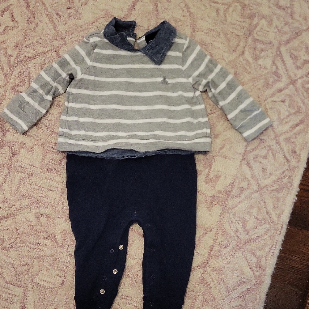 Striped Gray and Blue Baby Outfit